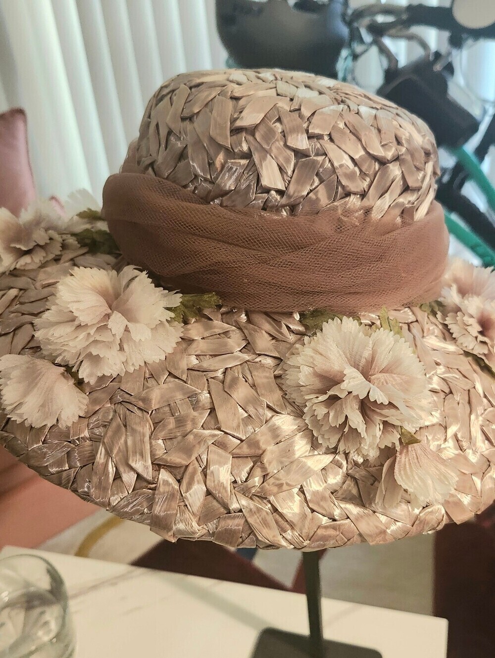 Vintage Mid-Century Lady Byrd Woven Straw Floral Hat Size: 22.5 Inches Roughly